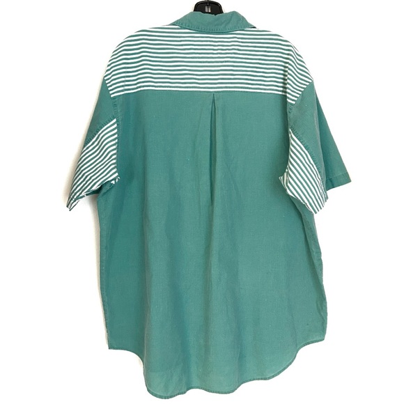 Vintage Van Heusen Teal Green Men’s Button Up T Shirt White Stripes XL Cotton - Picture 6 of 13